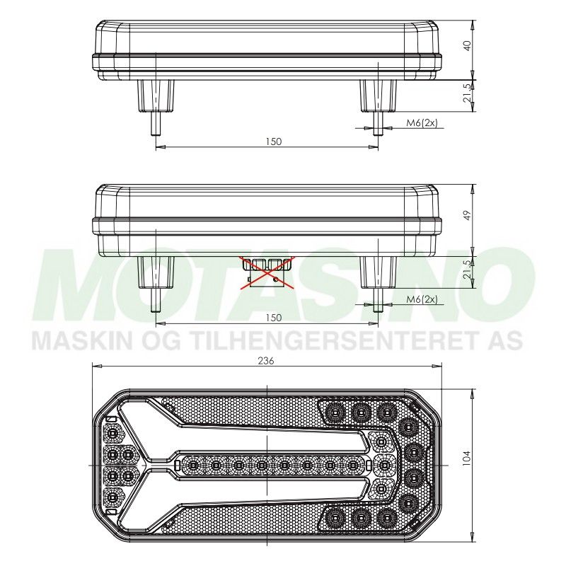 Baklykt LED 10-30V W150 4+2-pol 